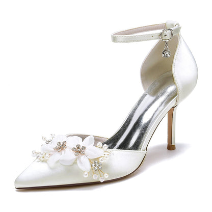 Damen Seidensatin mit Blumen Knöchelriemen Geschlossene Zehen Stilettoabsatz Abendschuhe