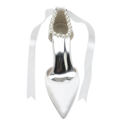 Damen Seidensatin mit Schnürung Knöchelriemen Perle Geschlossene Zehen Stiletto Absatz Brautschuhe