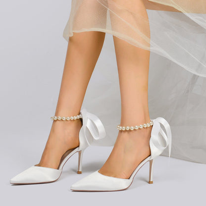 Damen Seidensatin mit Schnürung Knöchelriemen Perle Geschlossene Zehen Stiletto Absatz Brautschuhe