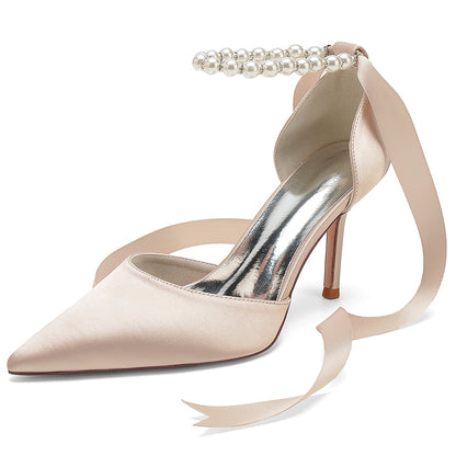Damen Seidensatin mit Schnürung Knöchelriemen Perle Geschlossene Zehen Stiletto Absatz Brautschuhe