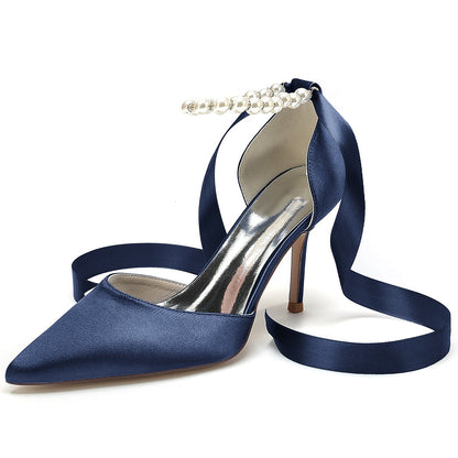 Damen Seidensatin mit Schnürung Knöchelriemen Perle Geschlossene Zehen Stiletto Absatz Brautschuhe