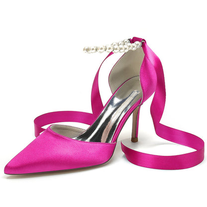 Damen Seidensatin mit Schnürung Knöchelriemen Perle Geschlossene Zehen Stiletto Absatz Brautschuhe