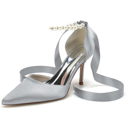 Damen Seidensatin mit Schnürung Knöchelriemen Perle Geschlossene Zehen Stiletto Absatz Brautschuhe