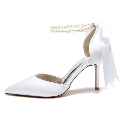 Damen Seidensatin mit Perlen Geschlossene Zehenpartie Knöchelriemen Schnürung Stilettoabsatz Hochzeitsschuhe