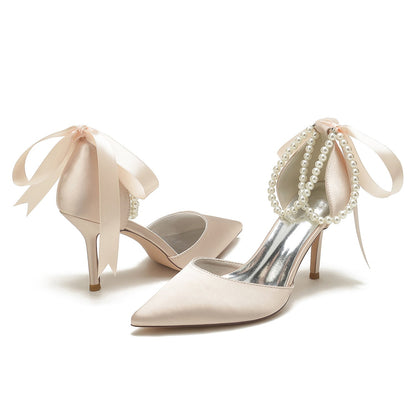Damen Seidensatin mit Perlen Geschlossene Zehenpartie Knöchelriemen Schnürung Stilettoabsatz Hochzeitsschuhe