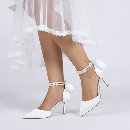 Damen Seidensatin mit Perlen Geschlossene Zehenpartie Knöchelriemen Schnürung Stilettoabsatz Hochzeitsschuhe