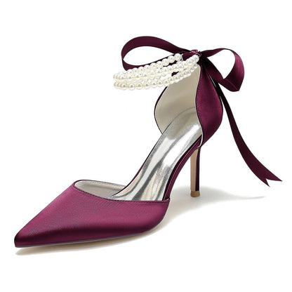 Damen Seidensatin mit Perlen Geschlossene Zehenpartie Knöchelriemen Schnürung Stilettoabsatz Hochzeitsschuhe