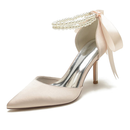 Damen Seidensatin mit Perlen Geschlossene Zehenpartie Knöchelriemen Schnürung Stilettoabsatz Hochzeitsschuhe
