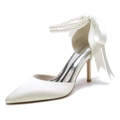 Damen Seidensatin mit Perlen Geschlossene Zehenpartie Knöchelriemen Schnürung Stilettoabsatz Hochzeitsschuhe