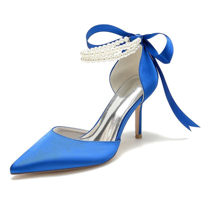 Damen Seidensatin mit Perlen Geschlossene Zehenpartie Knöchelriemen Schnürung Stilettoabsatz Hochzeitsschuhe