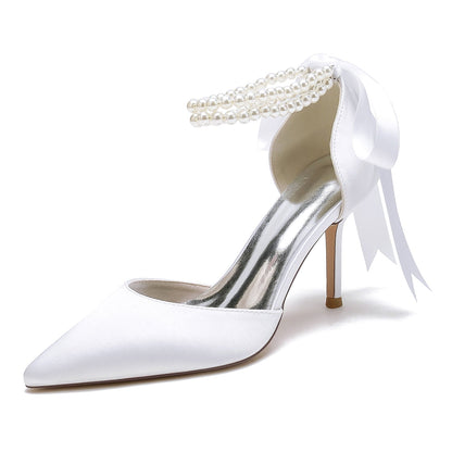 Damen Seidensatin mit Perlen Geschlossene Zehenpartie Knöchelriemen Schnürung Stilettoabsatz Hochzeitsschuhe
