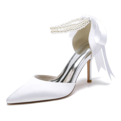 Damen Seidensatin mit Perlen Geschlossene Zehenpartie Knöchelriemen Schnürung Stilettoabsatz Hochzeitsschuhe