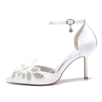 Damen Seidensatin mit Knöchelriemen Blume Strass Geschlossene Zehen Stiletto Absatz Brautschuhe