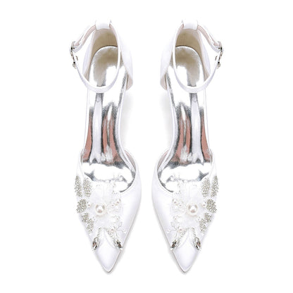 Damen Seidensatin mit Knöchelriemen Blume Strass Geschlossene Zehen Stiletto Absatz Brautschuhe