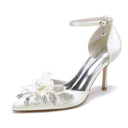 Damen Seidensatin mit Knöchelriemen Blume Strass Geschlossene Zehen Stiletto Absatz Brautschuhe