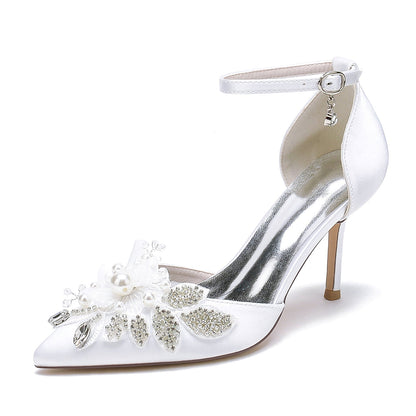 Damen Seidensatin mit Knöchelriemen Blume Strass Geschlossene Zehen Stiletto Absatz Brautschuhe