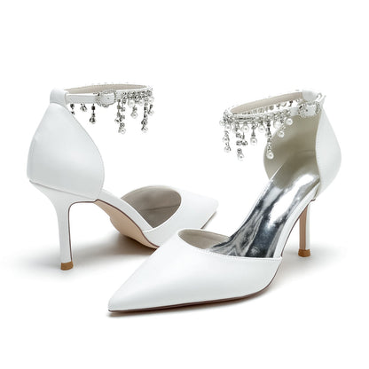 Damen PU mit Knöchelriemen Perle Strass Quaste Geschlossene Zehen Stiletto Absatz Abendschuhe