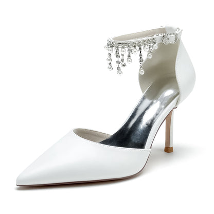 Damen PU mit Knöchelriemen Perle Strass Quaste Geschlossene Zehen Stiletto Absatz Abendschuhe