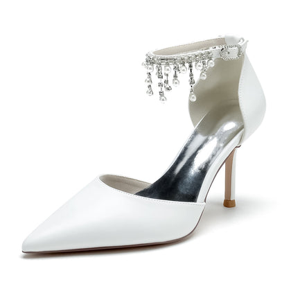 Damen PU mit Knöchelriemen Perle Strass Quaste Geschlossene Zehen Stiletto Absatz Abendschuhe