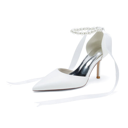 Damen PU mit Knöchelriemen Perle Geschlossene Zehen Stiletto-Absatz Abendschuhe