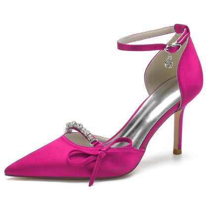Damen Abendschuhe aus Seidensatin mit Knöchelriemen und Schleife und Strasssteinen, geschlossene Zehenpartie, Stilettoabsatz