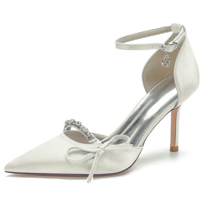 Damen Abendschuhe aus Seidensatin mit Knöchelriemen und Schleife und Strasssteinen, geschlossene Zehenpartie, Stilettoabsatz