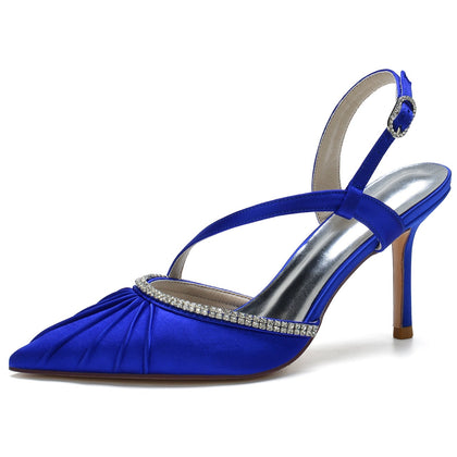 Damen Abendschuhe mit Knöchelriemen, Seidensatin, Strass, geschlossene Zehenpartie, Stilettoabsatz