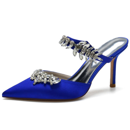 Damen Seidensatin mit Knöchelriemen Strass Quaste Geschlossene Zehen Stiletto Absatz Brautschuhe