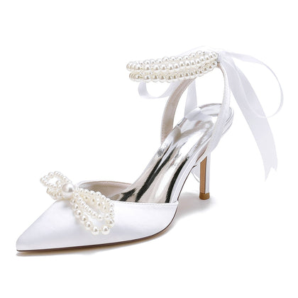 Damen Seidensatin Mit Knöchelriemen Schnürung Perle Geschlossene Zehen Stiletto Absatz Party Schuhe