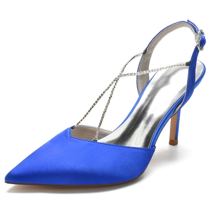 Damen Seidensatin Mit Knöchelriemen Strass Stiletto-Absatz Geschlossene Zehe Hochzeitsschuhe