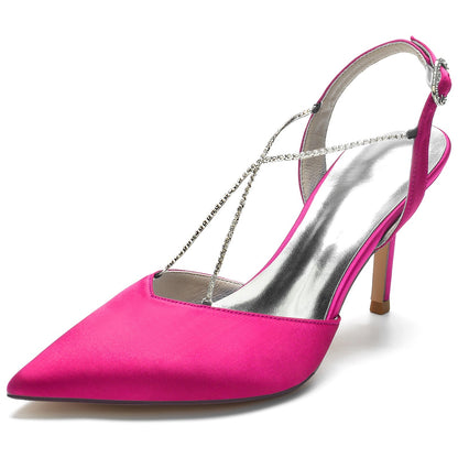 Damen Seidensatin Mit Knöchelriemen Strass Stiletto-Absatz Geschlossene Zehe Hochzeitsschuhe