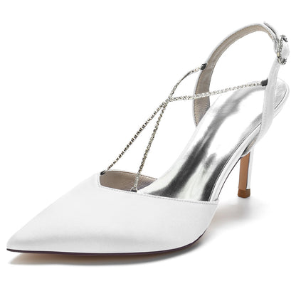 Damen Seidensatin Mit Knöchelriemen Strass Stiletto-Absatz Geschlossene Zehe Hochzeitsschuhe
