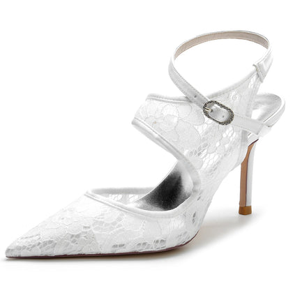 Damen Seidensatin Mit Knöchelriemen Spitze Geschlossene Zehen Stiletto Absatz Party Schuhe