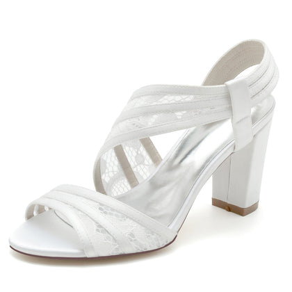 Damen Seidensatin mit Knöchelriemen Spitze Peep Toe Blockabsatz Partyschuhe