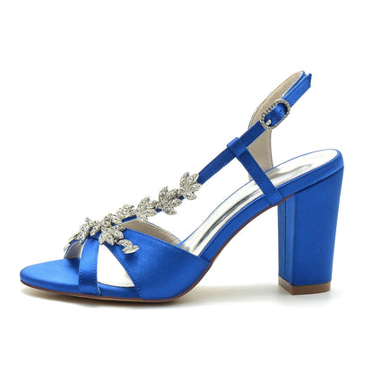 Damen Seidensatin mit Strass Peep Toe Blockabsatz Abendschuhe