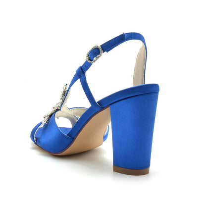 Damen Seidensatin mit Strass Peep Toe Blockabsatz Abendschuhe
