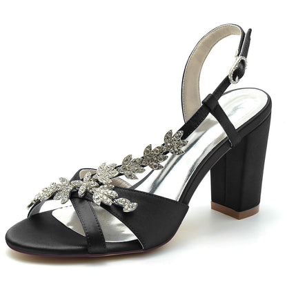 Damen Seidensatin mit Strass Peep Toe Blockabsatz Abendschuhe