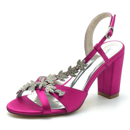 Damen Seidensatin mit Strass Peep Toe Blockabsatz Abendschuhe