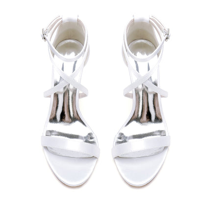 Damen Seidensatin mit Knöchelriemen Peep Toe Blockabsatz Hochzeitsschuhe