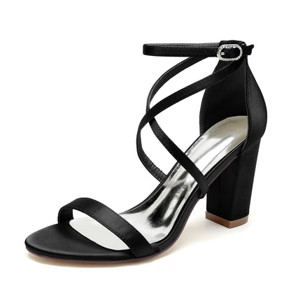 Damen Seidensatin mit Knöchelriemen Peep Toe Blockabsatz Hochzeitsschuhe