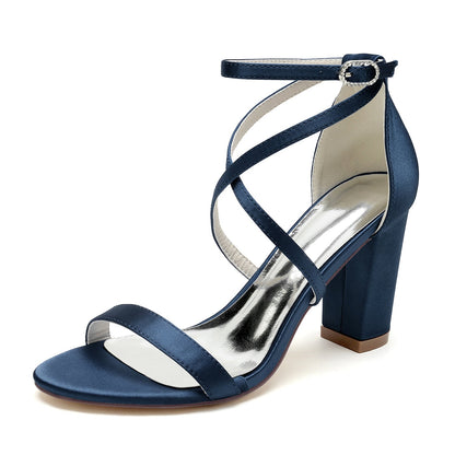 Damen Seidensatin mit Knöchelriemen Peep Toe Blockabsatz Hochzeitsschuhe