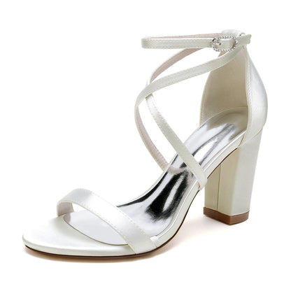 Damen Seidensatin mit Knöchelriemen Peep Toe Blockabsatz Hochzeitsschuhe