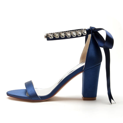 Damen Seidensatin Mit Knöchelriemen Schnürung Strass Peep Toe Blockabsatz Abendschuhe