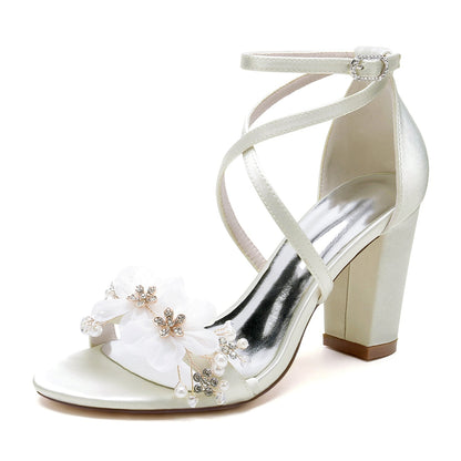 Damen Seidensatin mit Knöchelriemen Blume Peep Toe Blockabsatz Partyschuhe