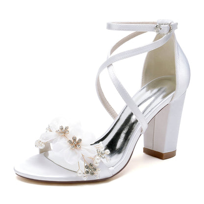 Damen Seidensatin mit Knöchelriemen Blume Peep Toe Blockabsatz Partyschuhe