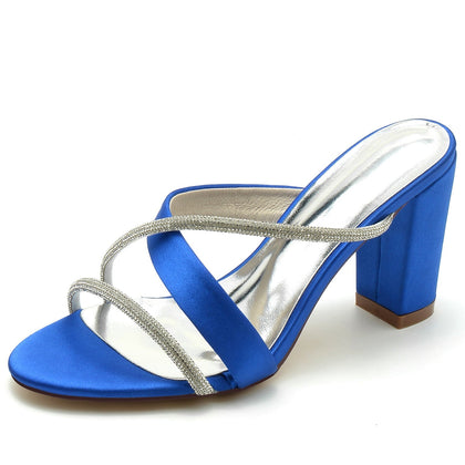 Damen Seidensatin mit Strass Peep Toe Blockabsatz Hochzeitsschuhe