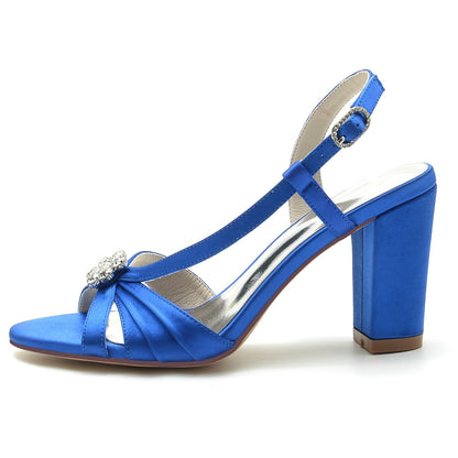 Damen Seidensatin mit Blumen Strass Peep Toe Blockabsatz Hochzeitsschuhe