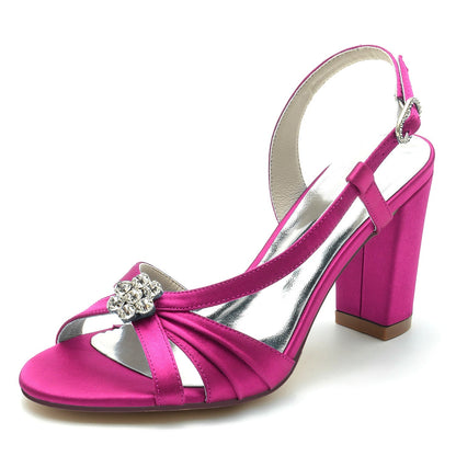 Damen Seidensatin mit Blumen Strass Peep Toe Blockabsatz Hochzeitsschuhe
