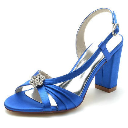 Damen Seidensatin mit Blumen Strass Peep Toe Blockabsatz Hochzeitsschuhe
