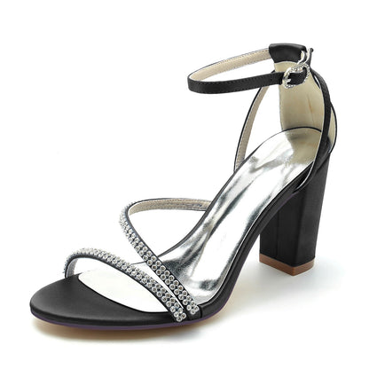 Damen Seidensatin mit Peep Toe Knöchelriemen Strasssteine Blockabsatz Abendschuhe